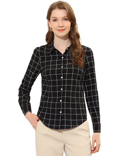 Work Button Down Shirt Roll Up Long Sleeve Plaid Check Blouse Top