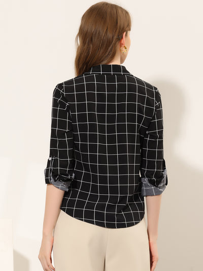 Work Button Down Shirt Roll Up Long Sleeve Plaid Check Blouse Top