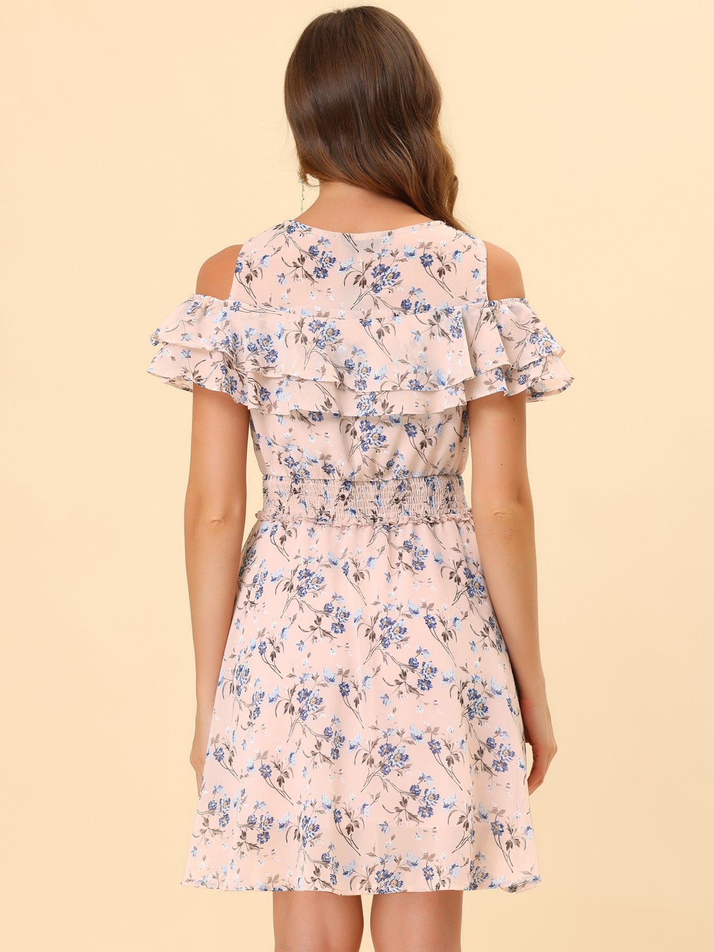 Allegra K Cold Shoulder Summer Smocked Waist Chiffon Floral Mini Dress