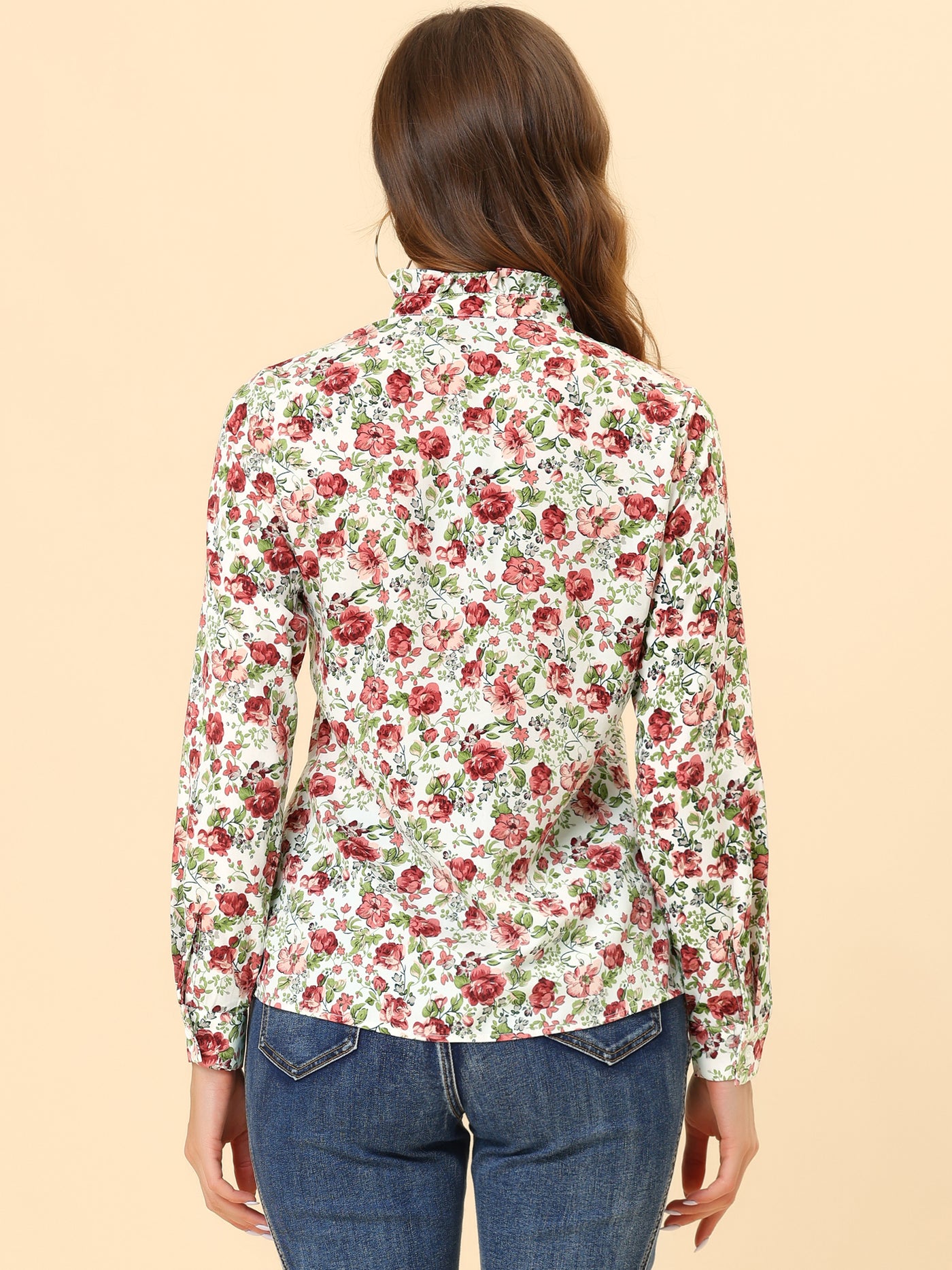 Allegra K Floral Flower Printed Shirt Ruffled Button Up Mock Neck Top Blouse