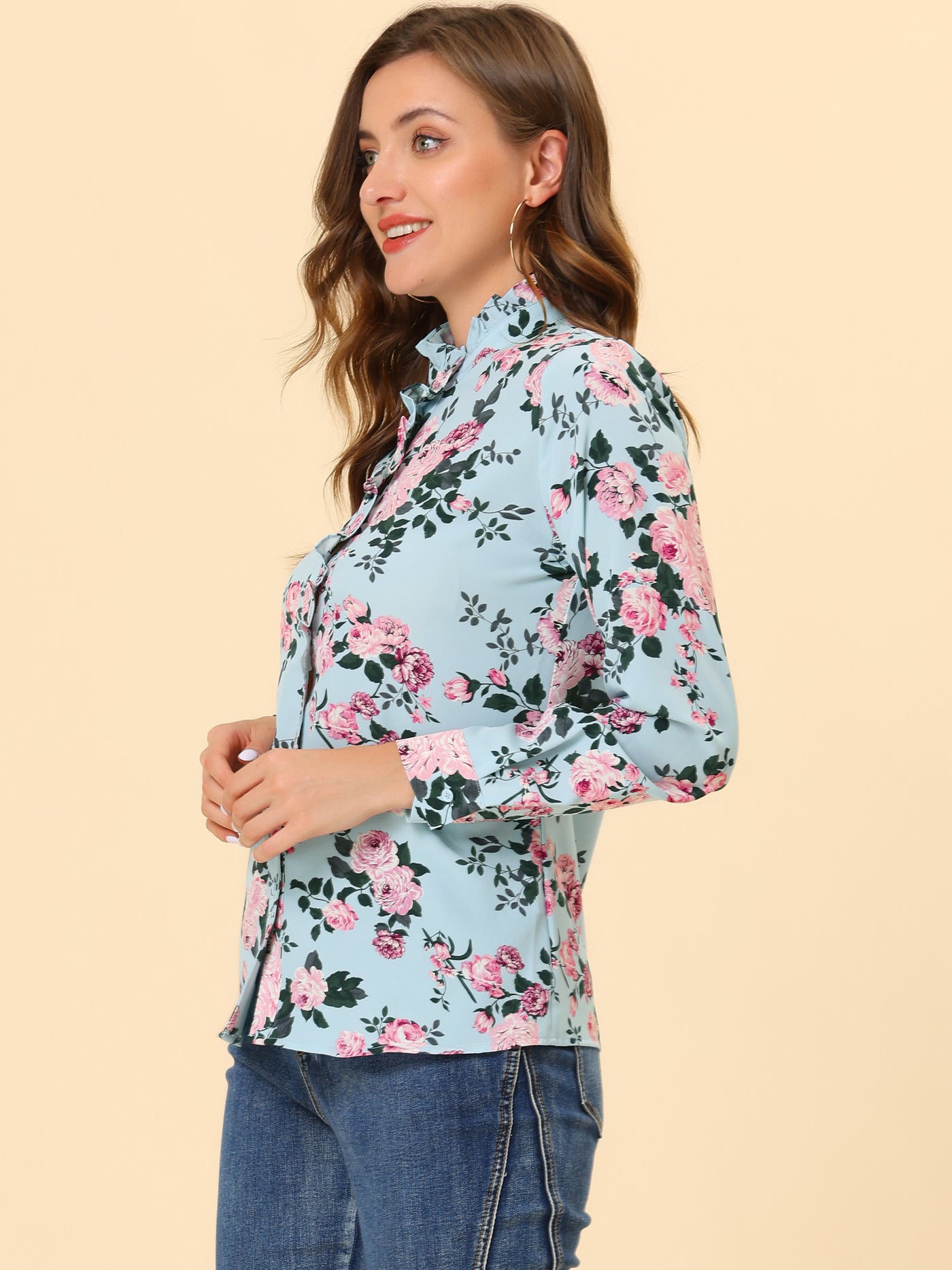 Allegra K Floral Flower Printed Shirt Ruffled Button Up Mock Neck Top Blouse