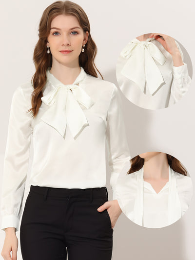 Satin Blouse for Bow Tie Neck Solid Work Office Shirt