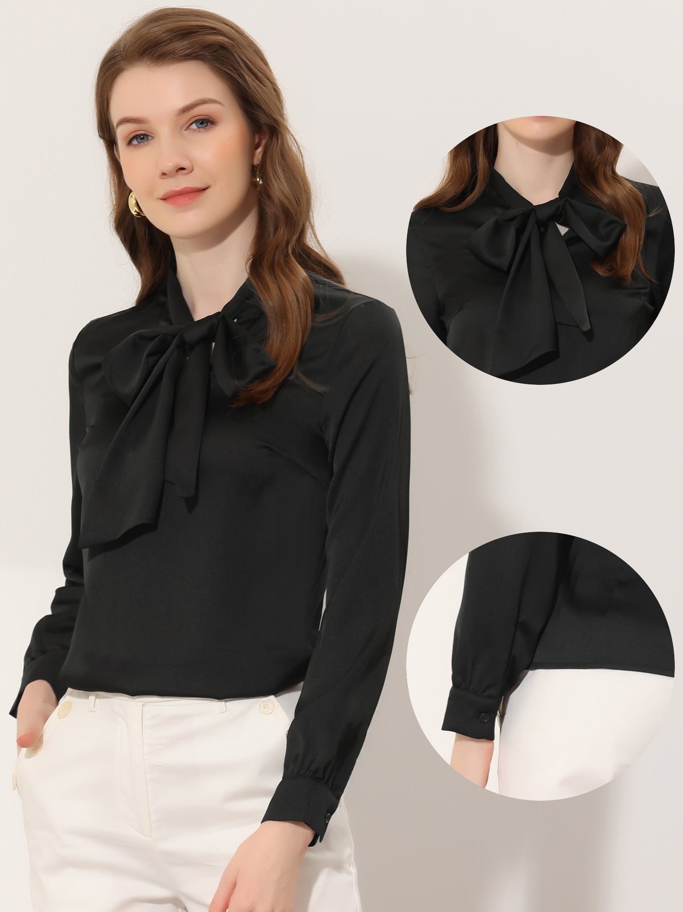 Allegra K Satin Blouse for Bow Tie Neck Solid Work Office Shirt