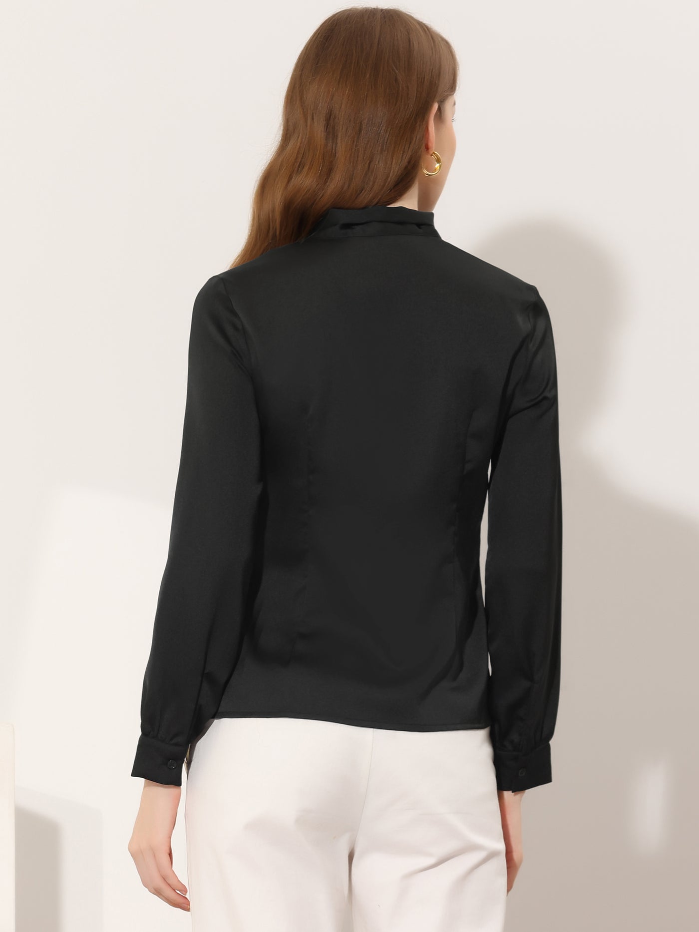 Allegra K Satin Blouse for Bow Tie Neck Solid Work Office Shirt
