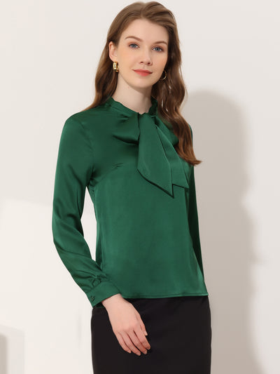Satin Blouse for Bow Tie Neck Solid Work Office Shirt
