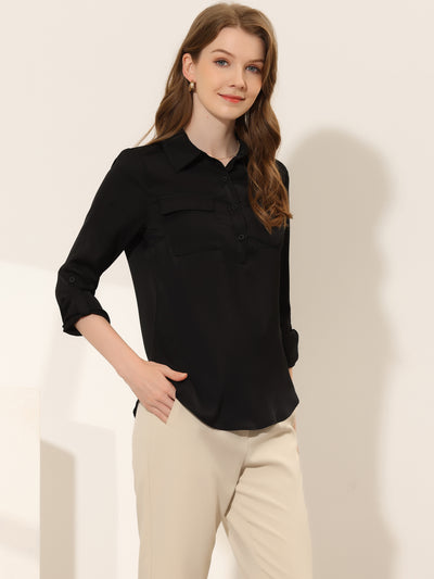 Lapel Collar 3/4 Roll Up Sleeve Button Up Casual Work Blouse