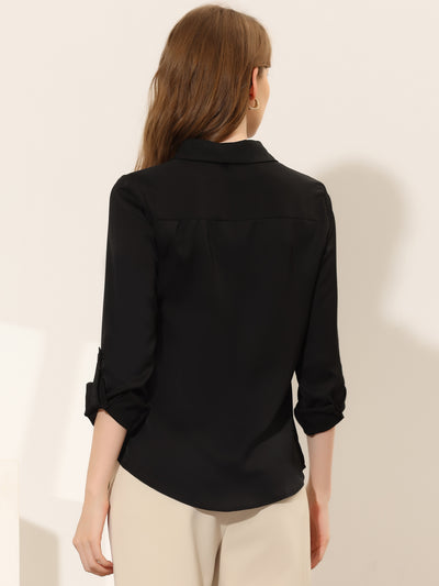 Lapel Collar 3/4 Roll Up Sleeve Button Up Casual Work Blouse