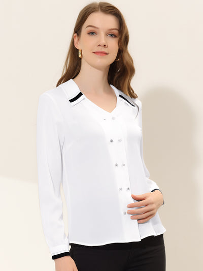 Button Down V Neck Chiffon Long Sleeve Collared Work Blouse