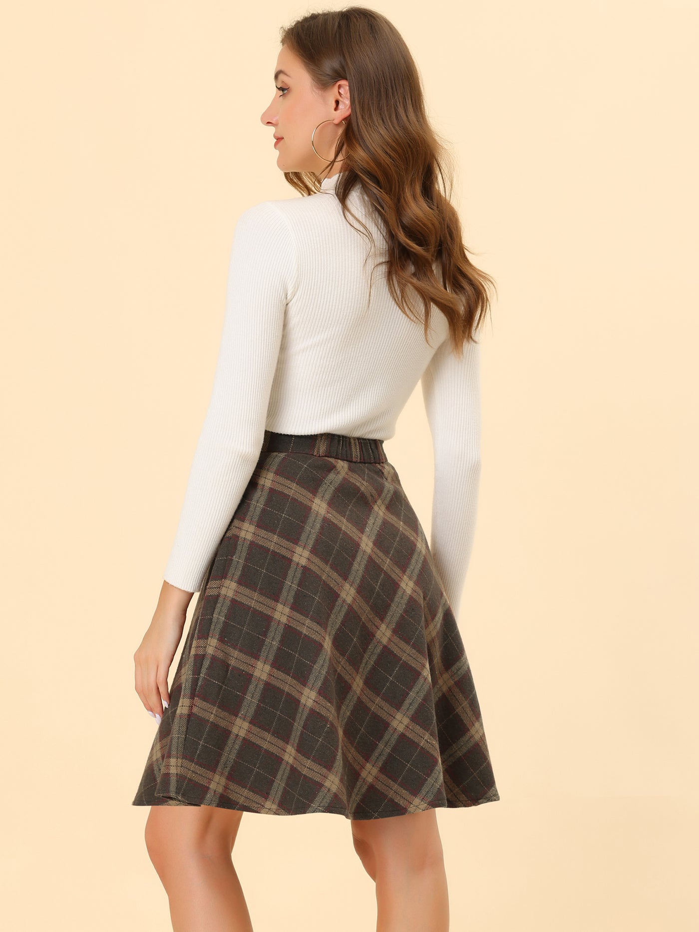 Allegra K Vintage Plaid Tartan Elastic Waist Knee Length A-Line Skirt
