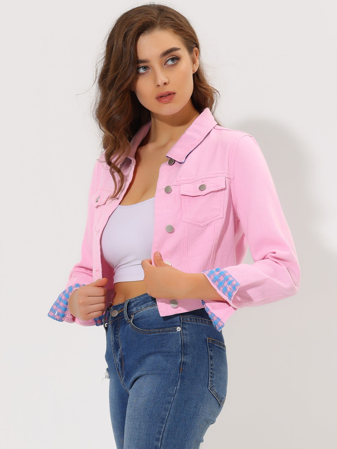 Allegra K Button Down Long Sleeve Casual Cropped Denim Jacket