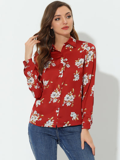 Floral Blouse Point Collar Long Sleeve Button Down Shirt