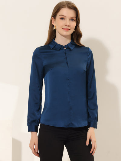 Satin Top for Lapel Collar Button Up Long Sleeve Casual Work Blouse