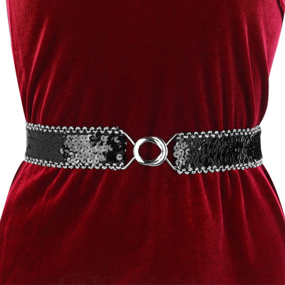 Womens Glitter Skinny Stretchy Waist Belts Sequins Decor Slim Elastic Belts 2PCS