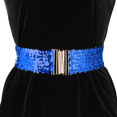 Ladies Shinny Wide Waist Belts Interlock Buckles Sequins Decor Stretchy Belts for Women 2PCS