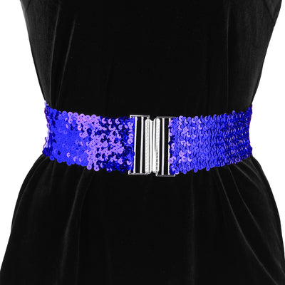 Womens Glitter Stretchy Waist Belts Interlock Buckles Sequins Decor Wide Elastic Belts 2PCS