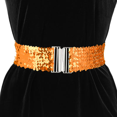 Womens Glitter Stretchy Waist Belts Interlock Buckles Sequins Decor Wide Elastic Belts 2PCS