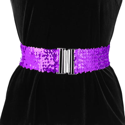 Ladies Stretchy Wide Waist Belts Interlock Buckles Shinny Sequins Decor Belts for Dresses