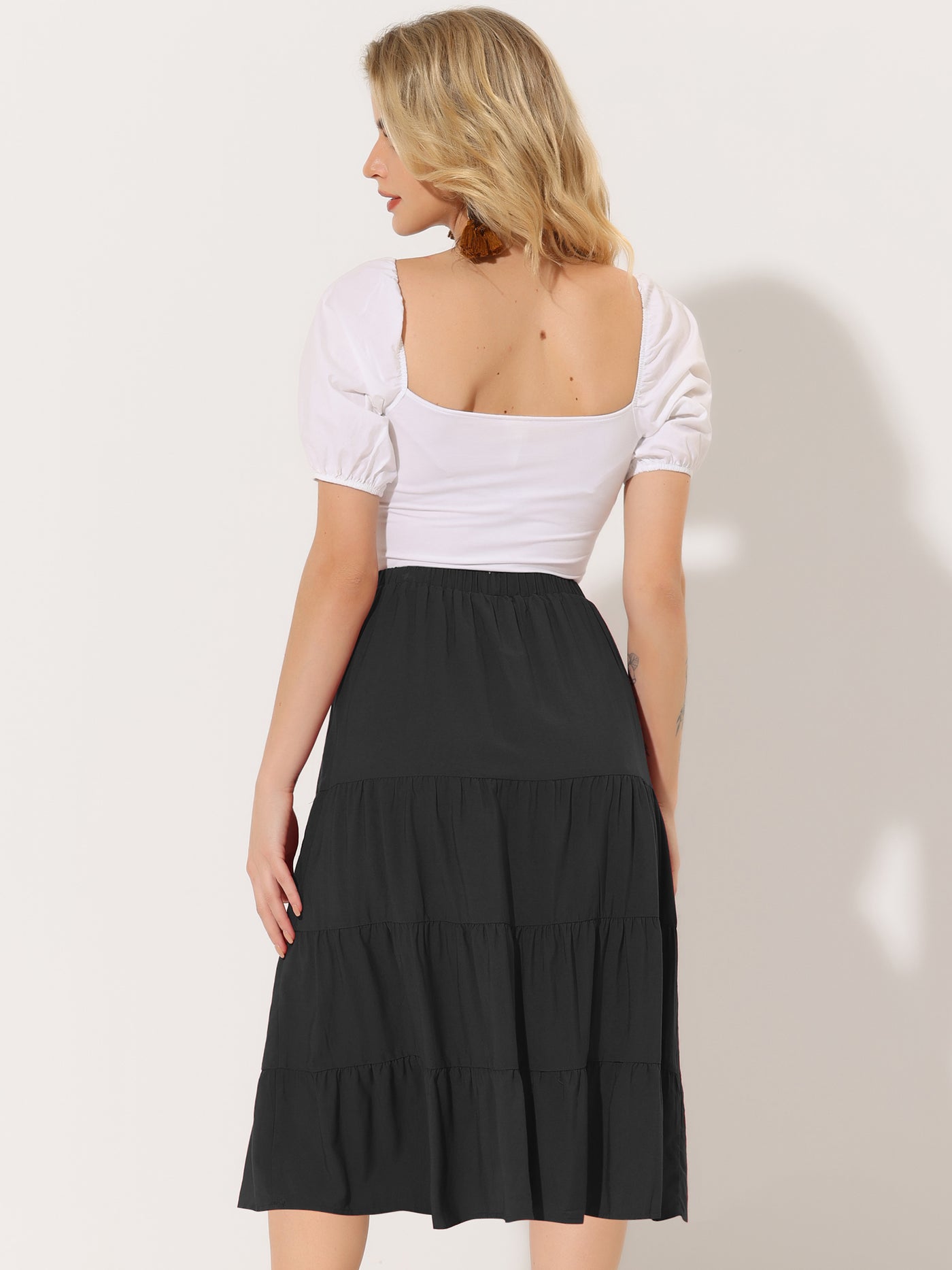 Allegra K Midi Solid Elastic Waist Flare Tiered Long Pockets A-Line Skirt