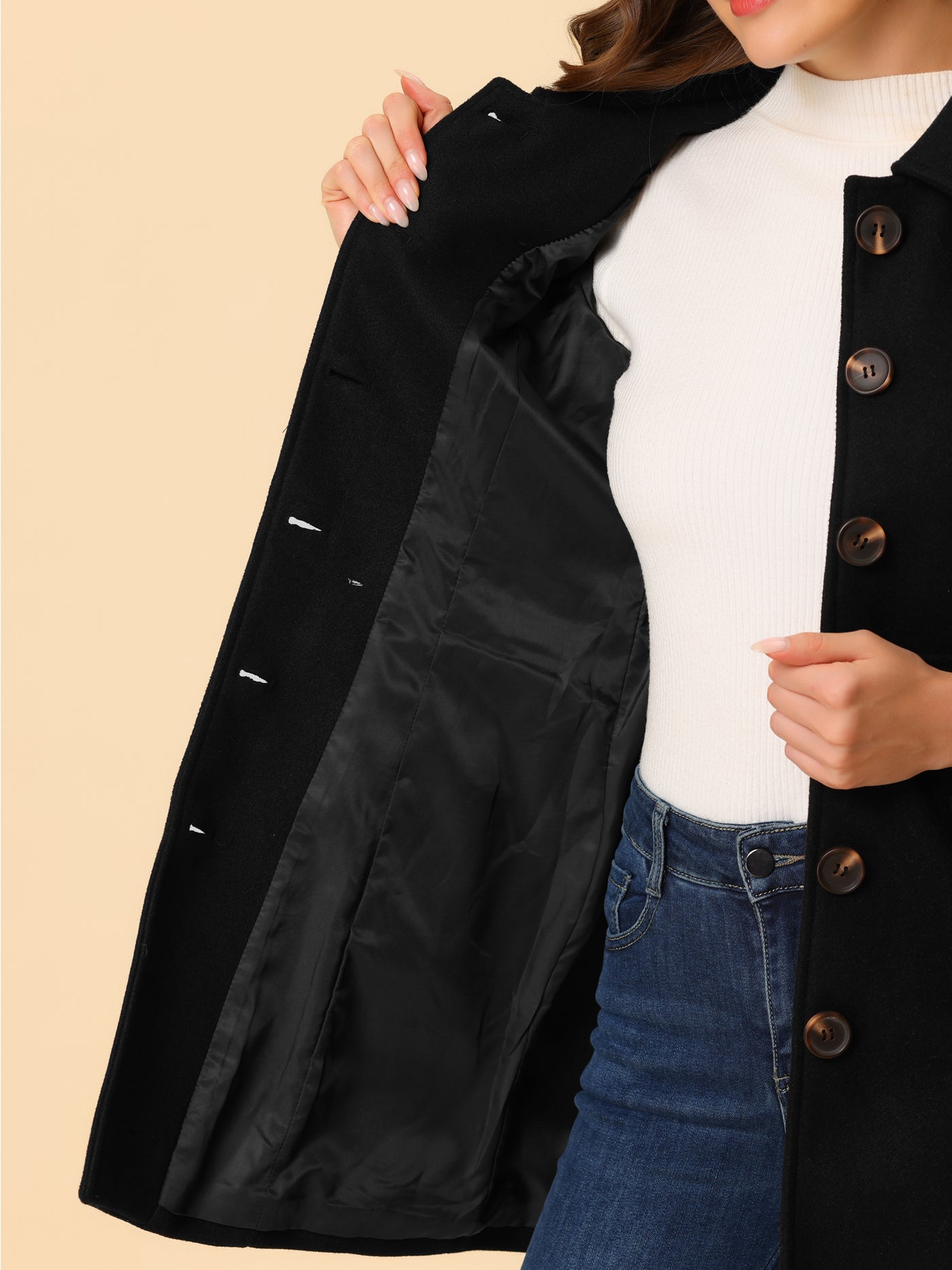 Allegra K Peter Pan Collar Flap Pocket Single Breasted Button Long Coat