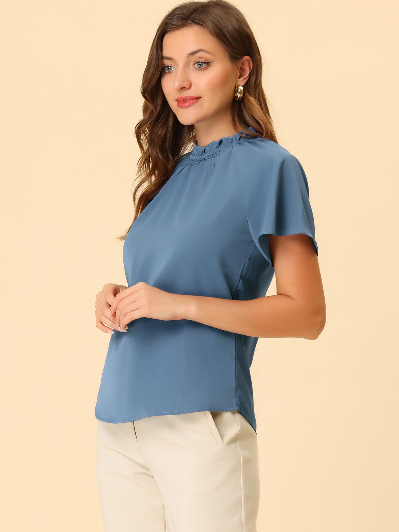 Allegra K Short Sleeve Blouse Casual Business Pleated Mock Neck Tops