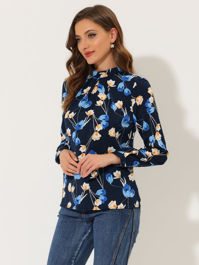 Allegra K Blouse Business Casual Long Sleeve Mock Neck Floral Top