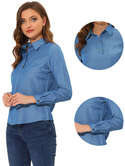 Button Down V Neck Chambray Long Sleeve Loose Casual Shirt