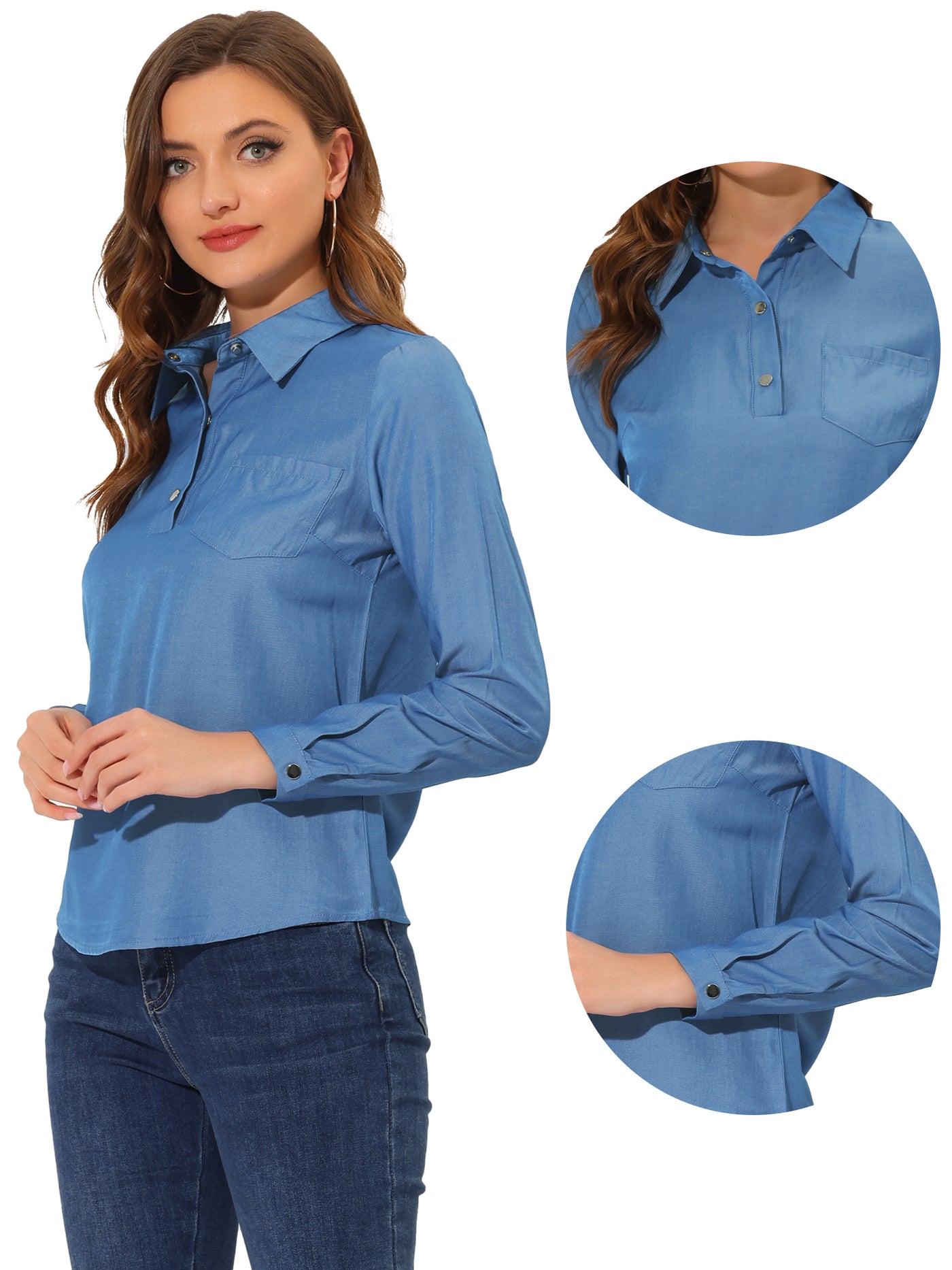 Allegra K Button Down V Neck Chambray Long Sleeve Loose Casual Shirt