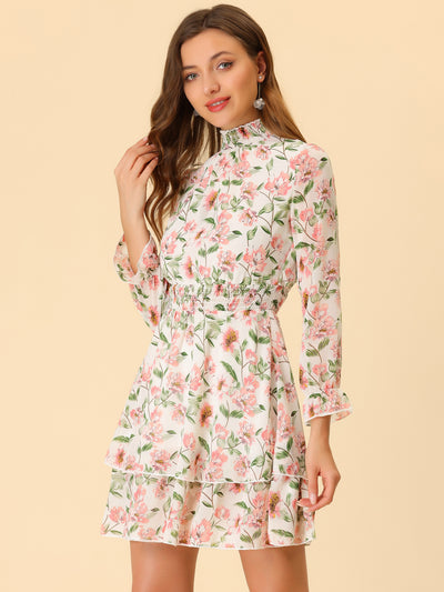 Floral Chiffon Long Sleeve Mock Neck Ruffle Layered Mini Dress