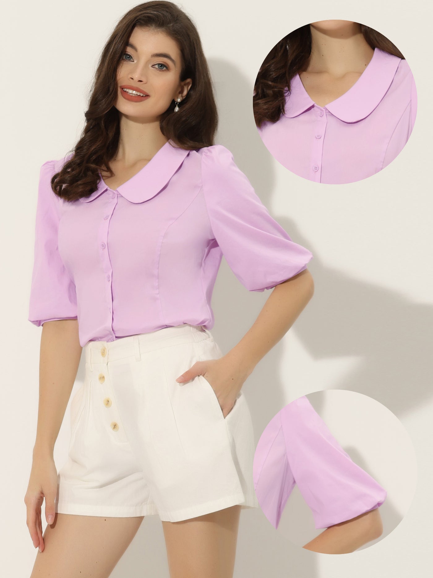 Allegra K Sweet Short Bubble Sleeve Blouse for Peter Pan Collar Solid Top