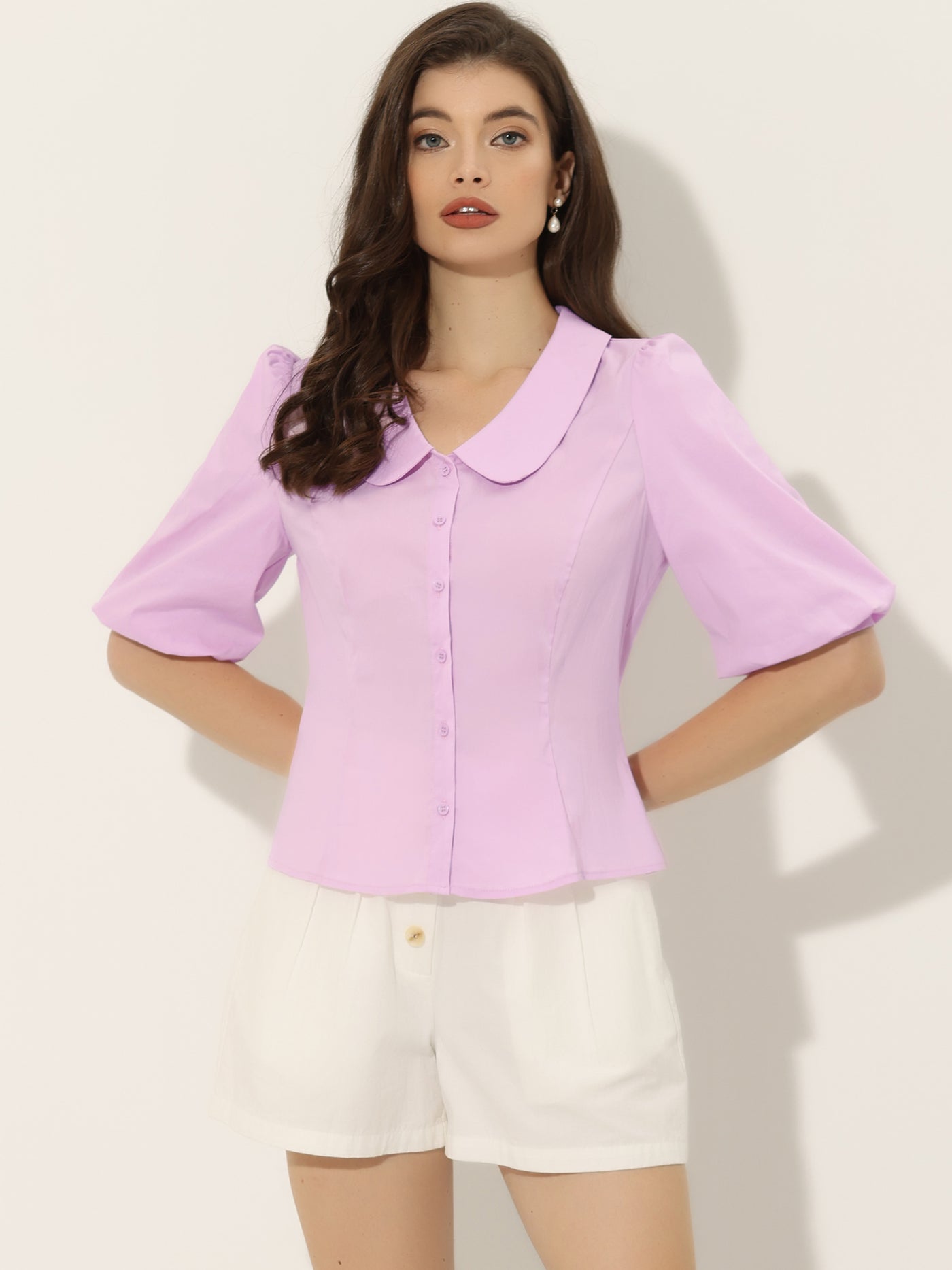 Allegra K Sweet Short Bubble Sleeve Blouse for Peter Pan Collar Solid Top