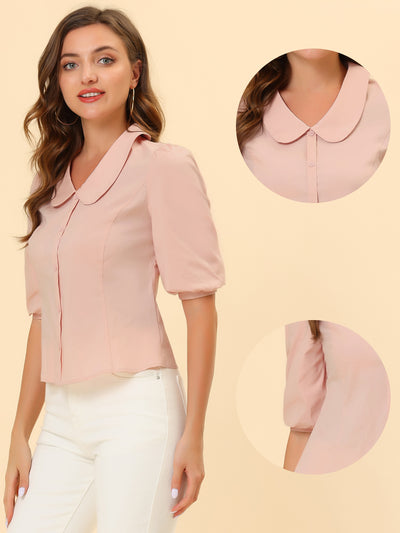 Sweet Short Bubble Sleeve Blouse for Peter Pan Collar Solid Top