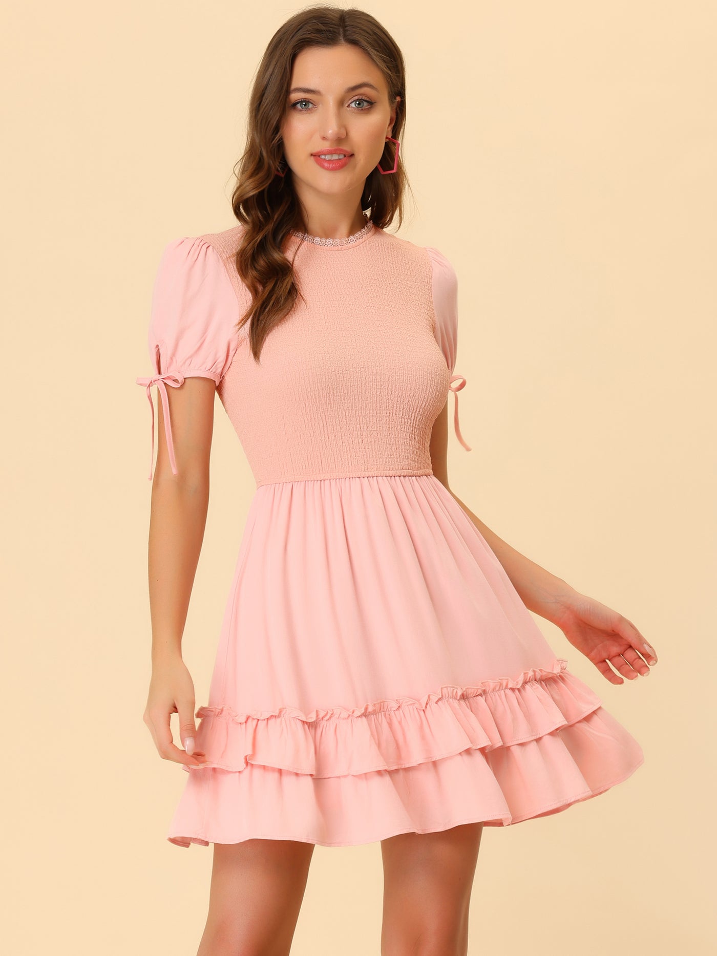 Allegra K Smocked Ruffle Tiered Sweet Summer A-line Mini Dress