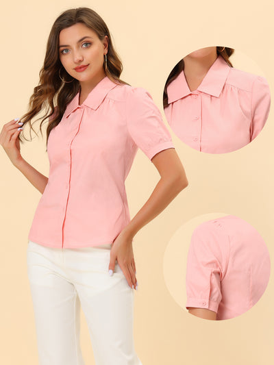 Elegant Cotton Top Blouse for Puff Short Sleeve Button Front Shirt