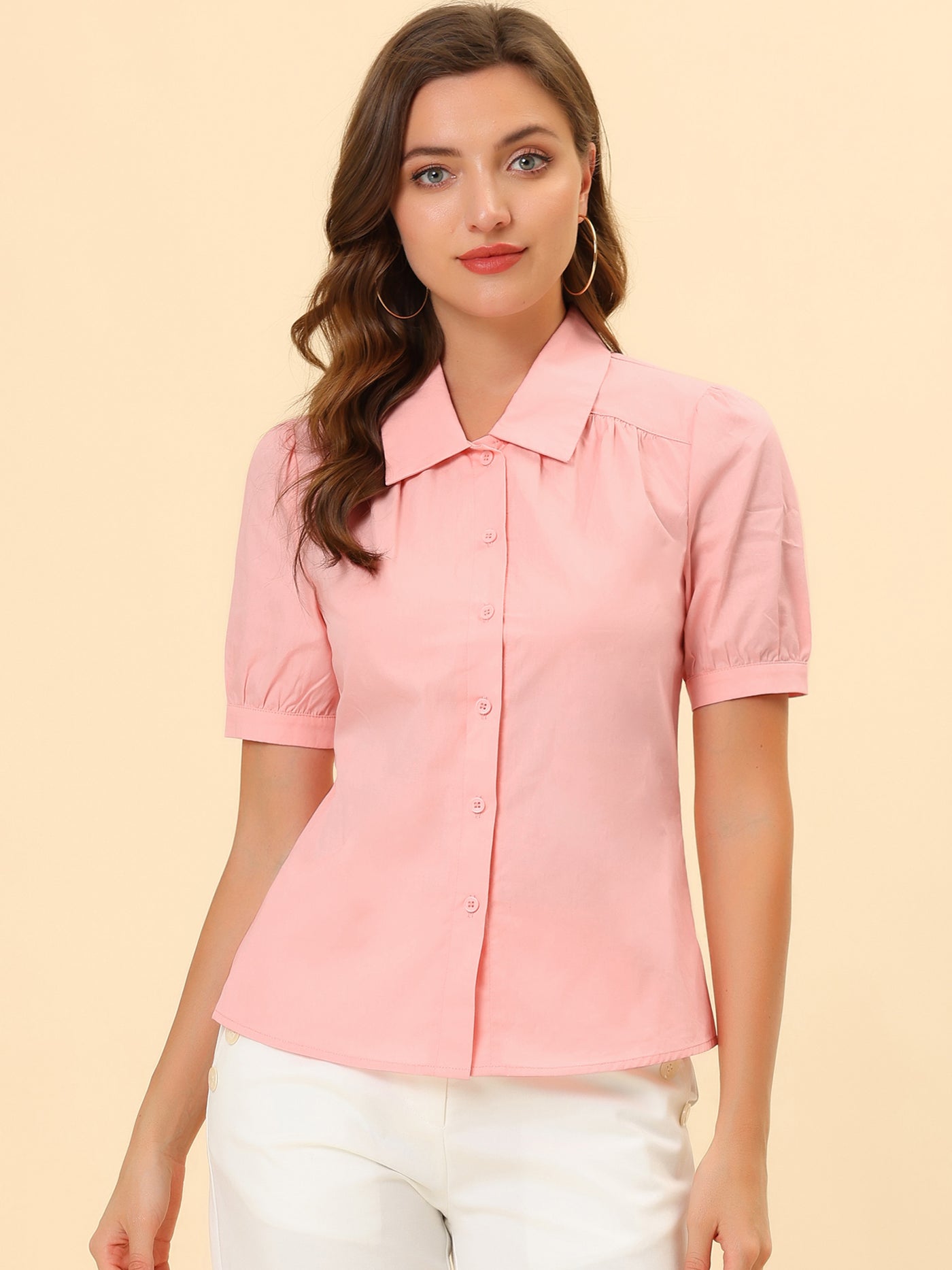 Allegra K Elegant Cotton Top Blouse for Puff Short Sleeve Button Front Shirt