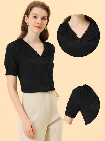 Peasant Top Pleated Collar Button Short Sleeve Shirt
