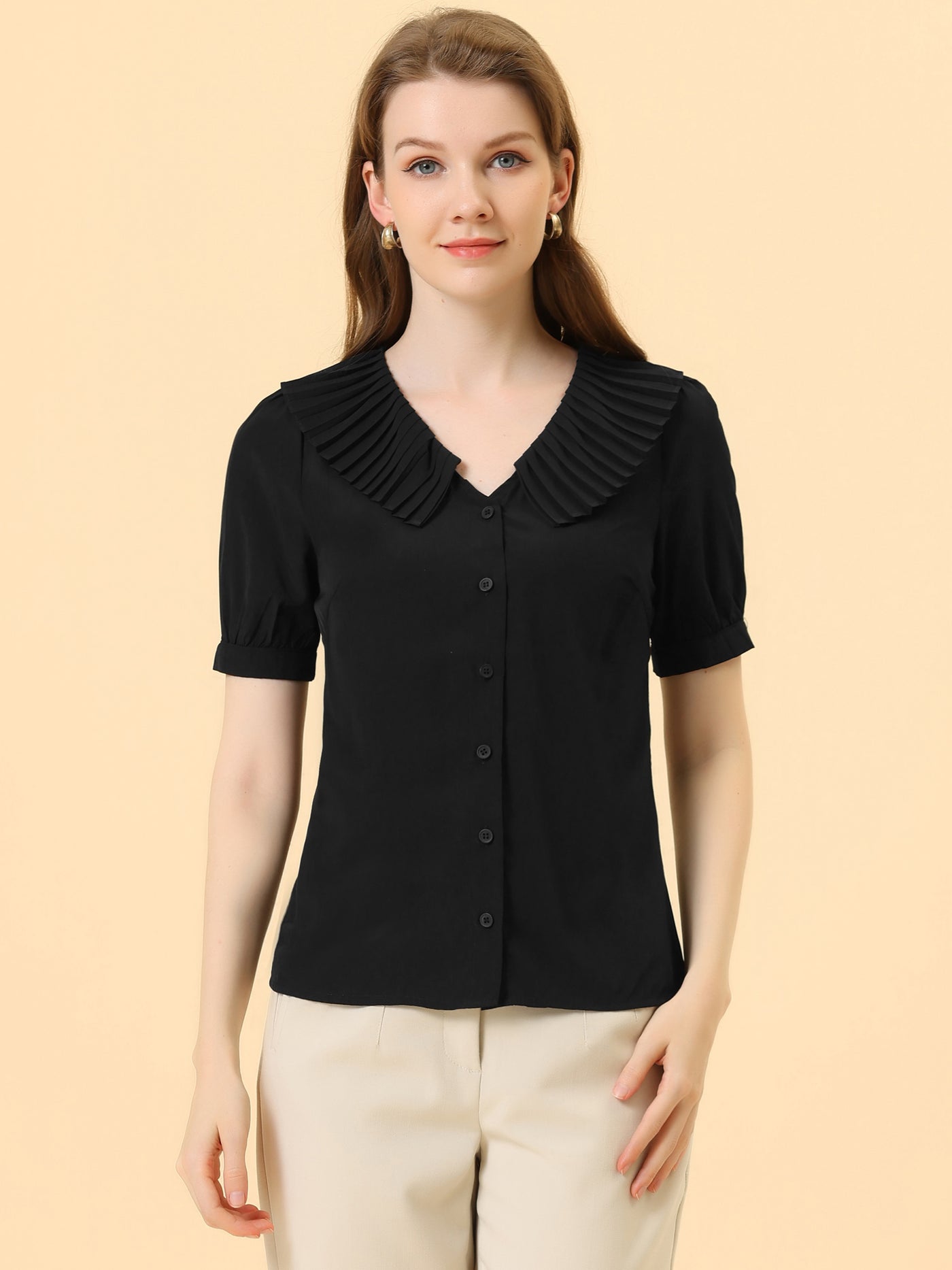 Allegra K Peasant Top for Pleated Collar Button Short Sleeve Shirt
