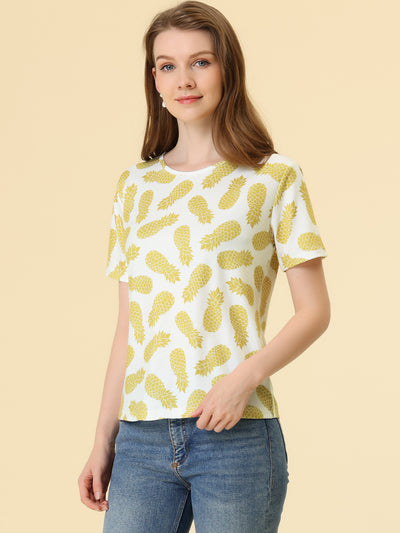 Summer Fruit Print Top Round Neck Short Sleeve Cute T-Shirt