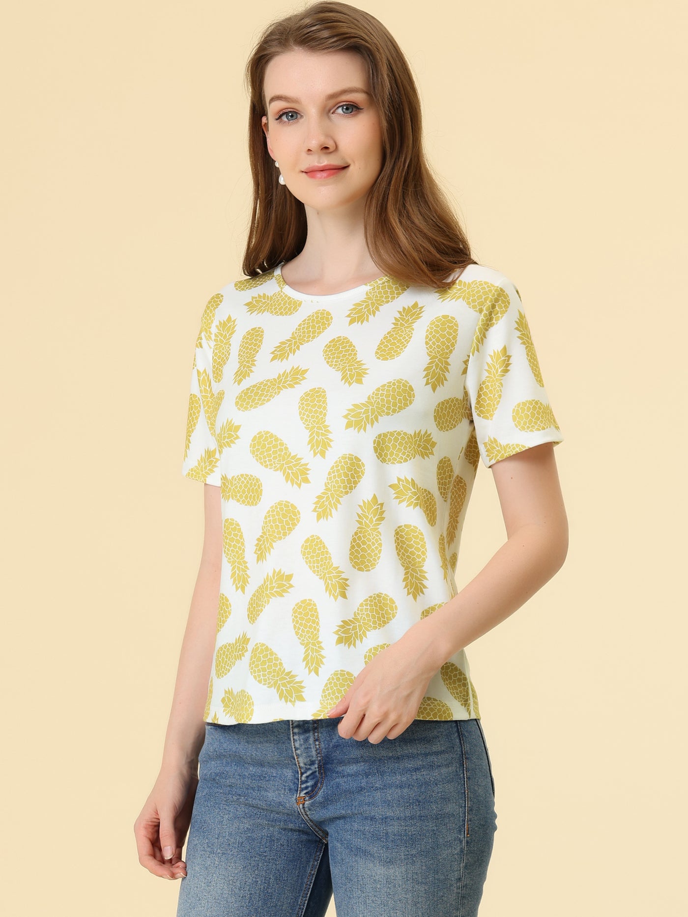 Allegra K Summer Fruit Print Top Round Neck Short Sleeve Cute T-Shirt