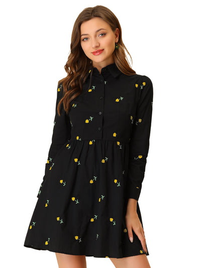 Casual Long Sleeve Half Placket Embroidered Floral Mini Shirt Dress