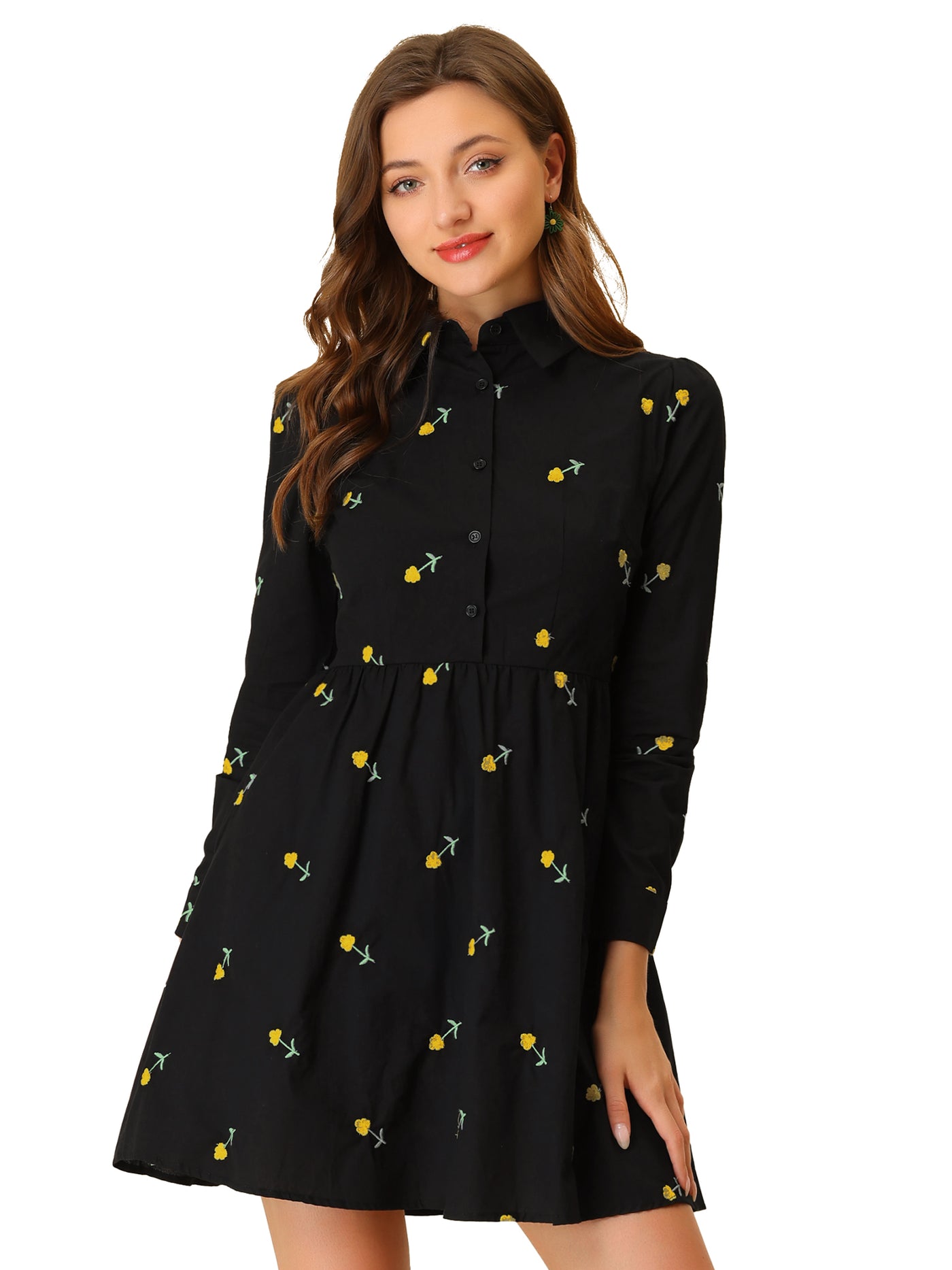 Allegra K Casual Long Sleeve Half Placket Embroidered Floral Mini Shirt Dress