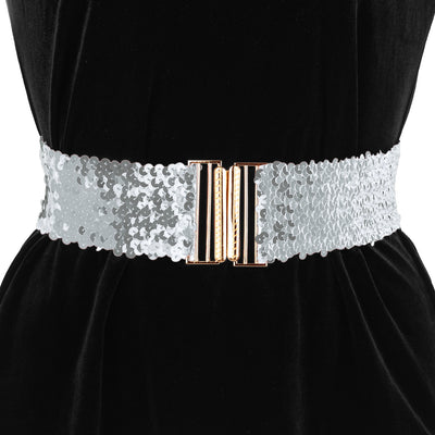 Ladies Shinny Wide Waist Belts Interlock Buckles Sequins Decor Stretchy Belts for Women 2PCS
