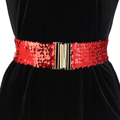 Womens Elastic Waist Belt Sequins Decor Metal Interlock Buckles Belts for Dresses