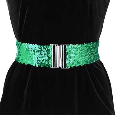 Womens Stretchy Waist Belts Metal Interlock Buckles Sequins Decor Belts for Dresses