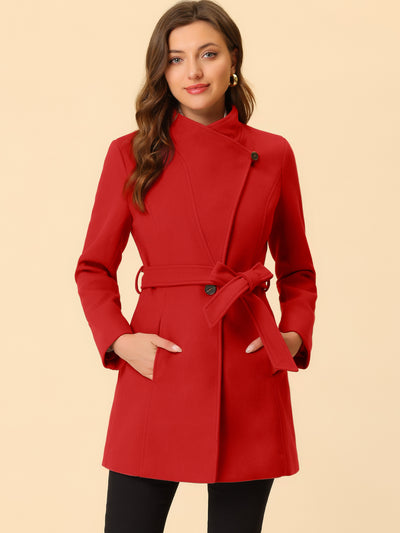 Classic Stand Collar Long Sleeve Belted Winter Coat