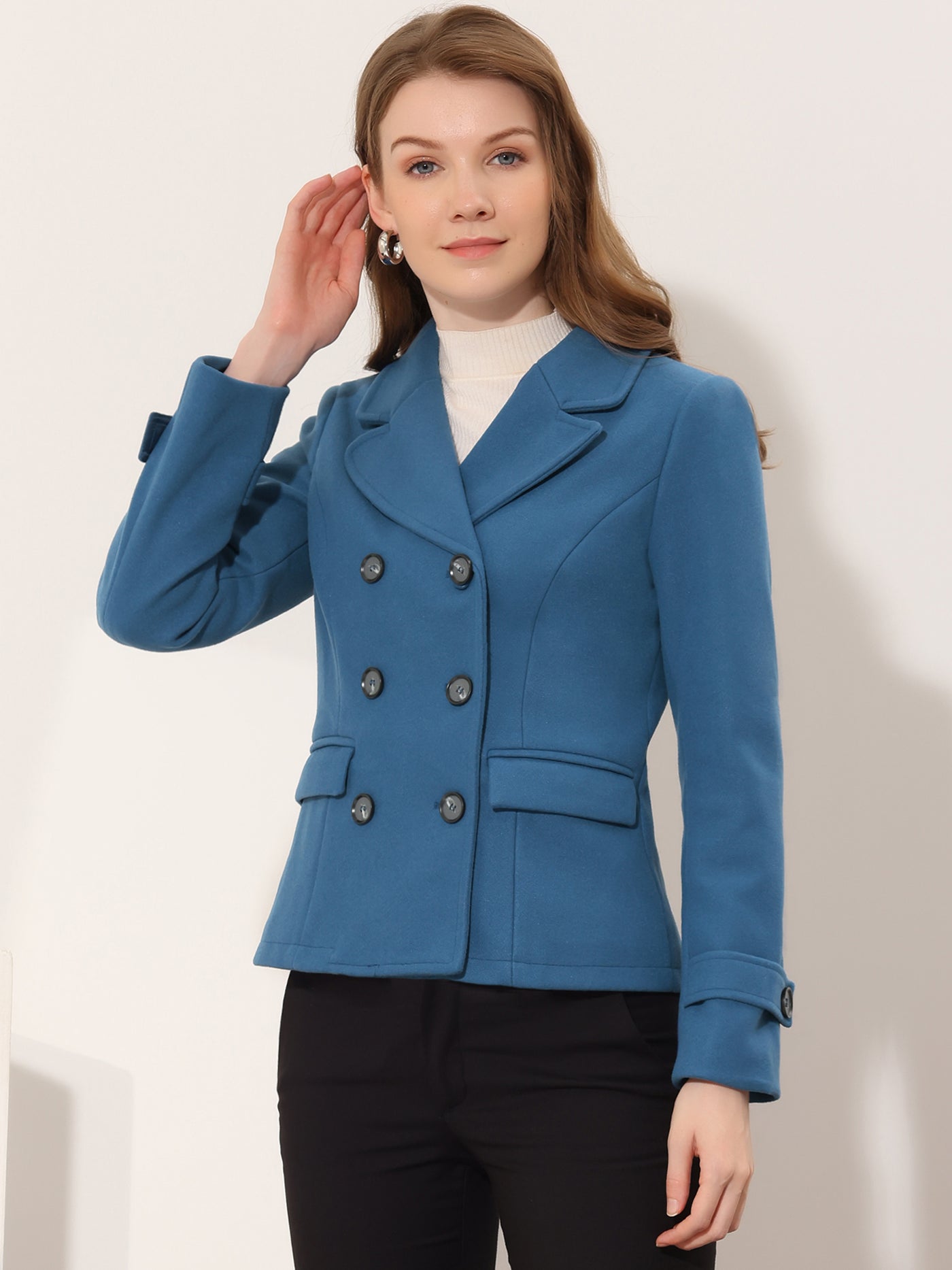 Allegra K Winter Notched Lapel Double Breasted Short Pea Coat