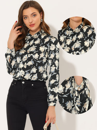 Floral Chiffon Blouse for Stand Collar Long Sleeve Button Down Shirt