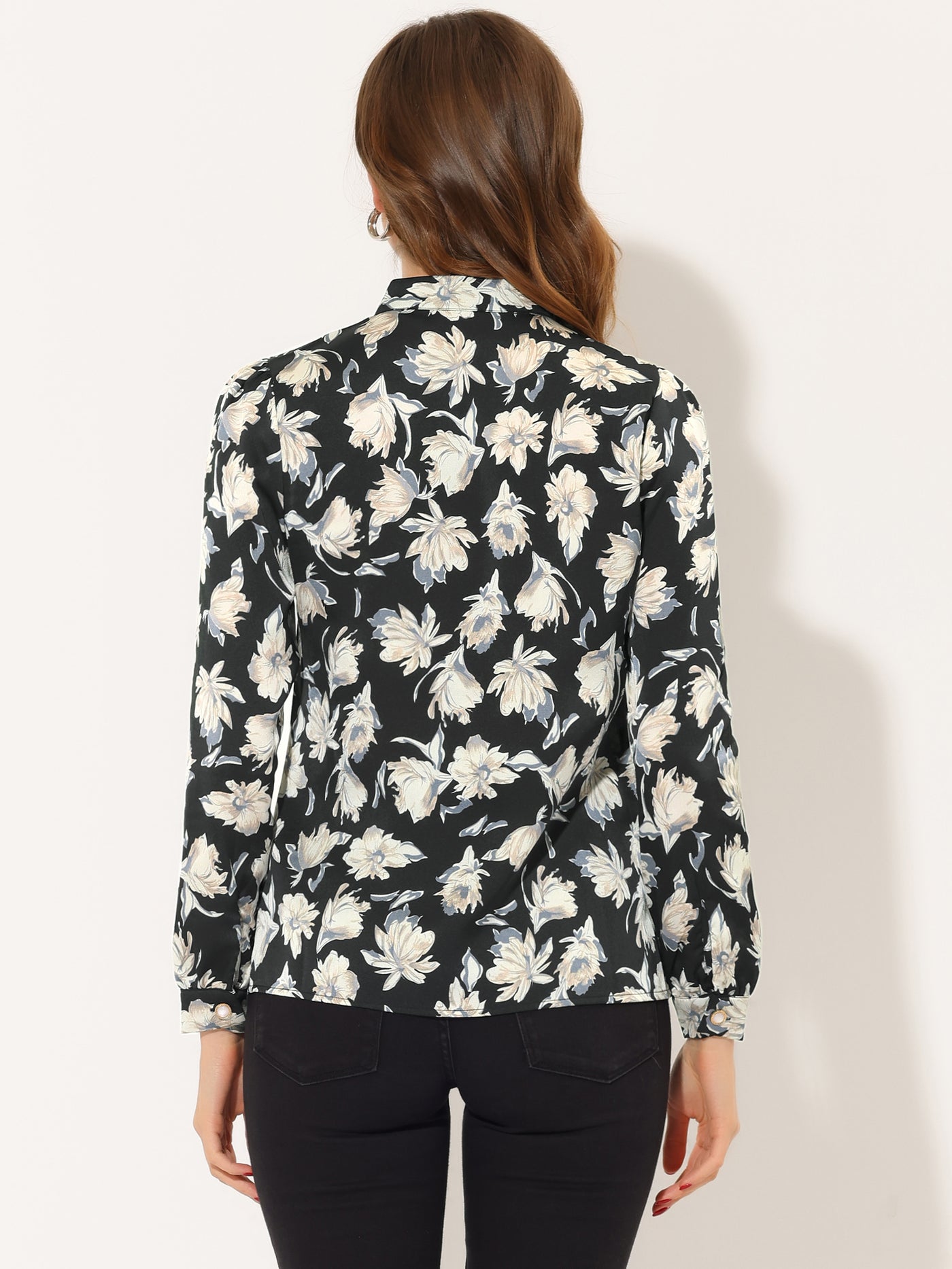Allegra K Floral Chiffon Blouse for Stand Collar Long Sleeve Button Down Shirt