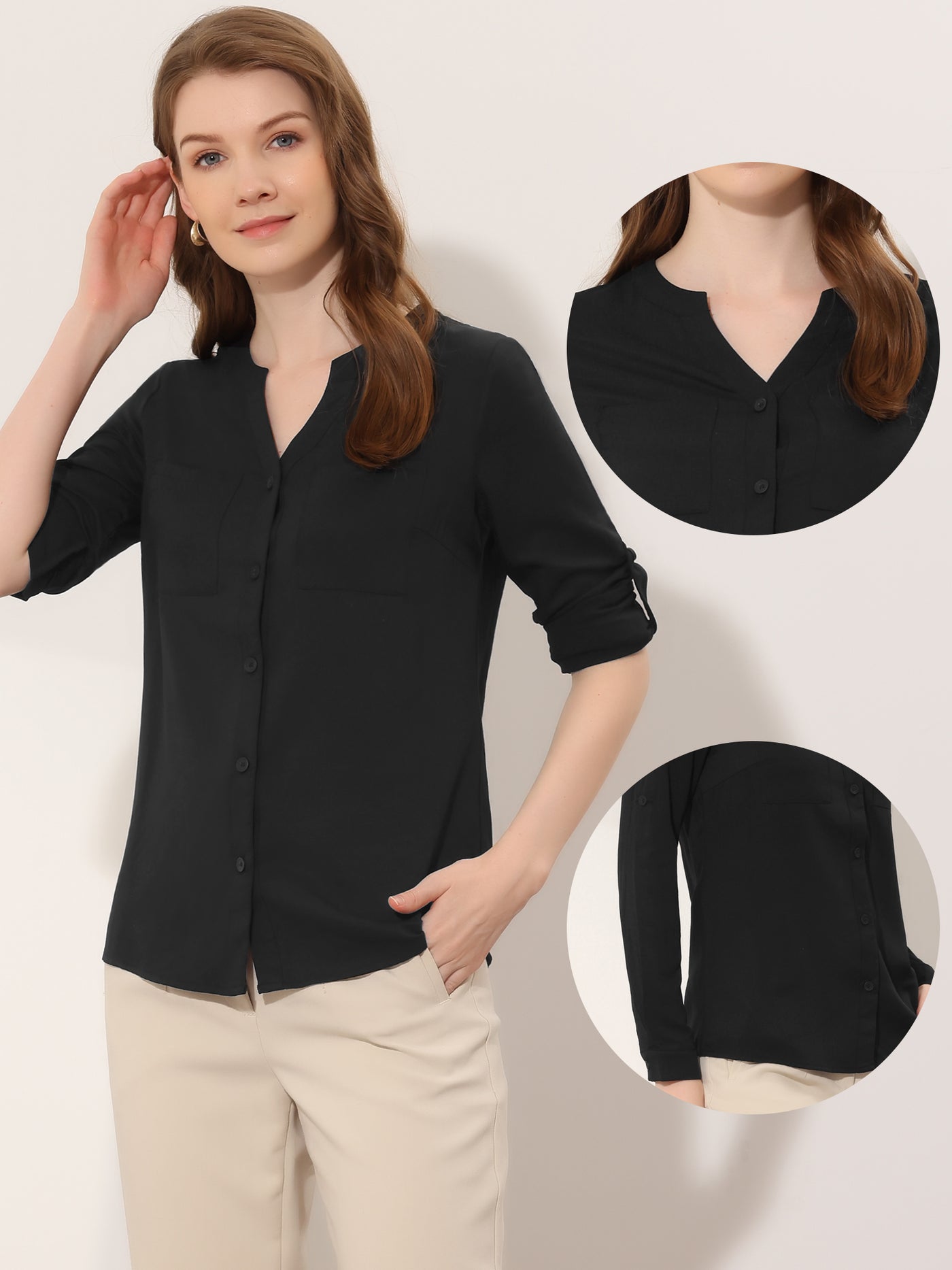 Allegra K Button Down Shirt for Roll Up Long Sleeve Casual Tops