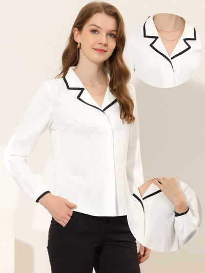 Work Blouse for Long Sleeve Contrast Color Button Up Top