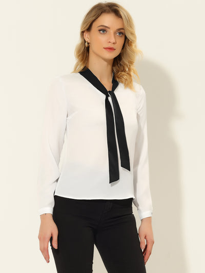 Contrast Color Bow Tie Neck Long Sleeve Elegant Office Blouse